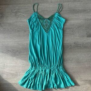 VINTAGE  Strass Made in France Beaded Boho Cami Tank Top - Turquoise